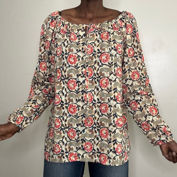 VINTAGE | 1978 SEARS Print Boho Peasant Cotton Poly Tunic Blouse Size 16 - Picture 1 of 10